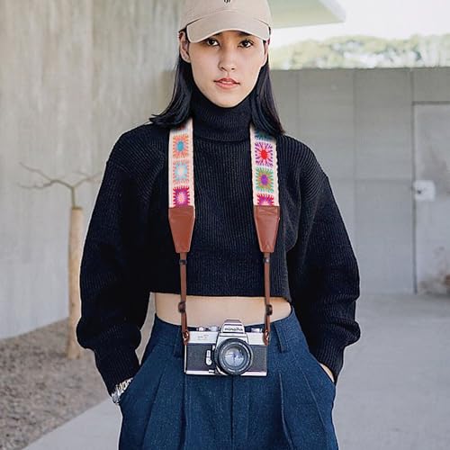 Image of Padwa Lifestyle White Crochet Camera Strap - 2 inch Full Grain Leather Ends Camera Straps for Photographers, Vintage Embroidered Cotton Soft Suede Fabric Padded Strap with Quick Release fits All Cameras