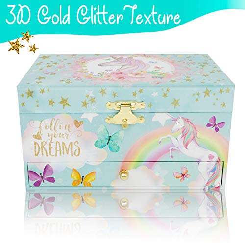 Unicorn Musical Jewelry Box for Girls - Unicorn Jewelry Set Included - 3 Unicorns Gifts for Girls makes ideal Unicorn Bedroom Decor or Birthday Gifts for Girls