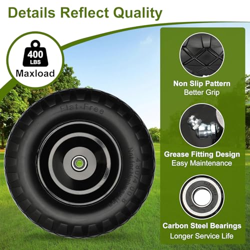 Pontuss Upgraded 16\" Flat Free Wheelbarrow Wheels and Tires, 4.80/4.00-8 Solid Wheelbarrow Tires with 5/8\"&3/4\" Bearings,14\"-16\" Universal Fit Wheelbarrow Wheels for Wheelbarrows/Garden Trailer