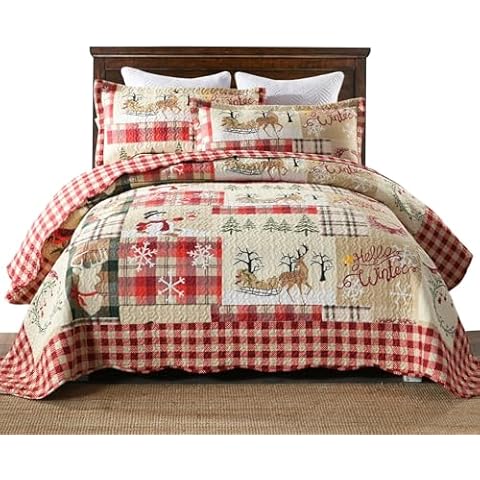 MarCielo 3 Piece Christmas Quilt Set, Rustic Lodge Deer Quilt Bedspread Throw Blanket Lightweight Bedspread Coverlet Comforter Set (Hello Winter, Queen) Cover