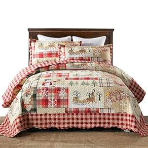 MarCielo 3 Piece Christmas Quilt Set Rustic Lodge Deer Quilt Bedspread Throw Blanket Lightweight Bedspread Coverlet Comforter Set Hello Winter King