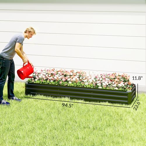 Outsunny 8 x 2 x 1ft Galvanized Raised Garden Bed Kit, Outdoor Metal Elevated Planter Box with Safety Edging, Large Raised Bed for Growing Flowers, Herbs and Vegetables, Dark Gray