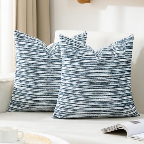 ZSkogur Boho Pillow Covers 18x18 Set of 2 Geometric & Striped Pillow Covers-Hand-Tufted Textured Pillowcases-Farmhouse Linen Decorative Throw Pillows for Sofa, Couch, Bed, Chair, Living Room, Blue