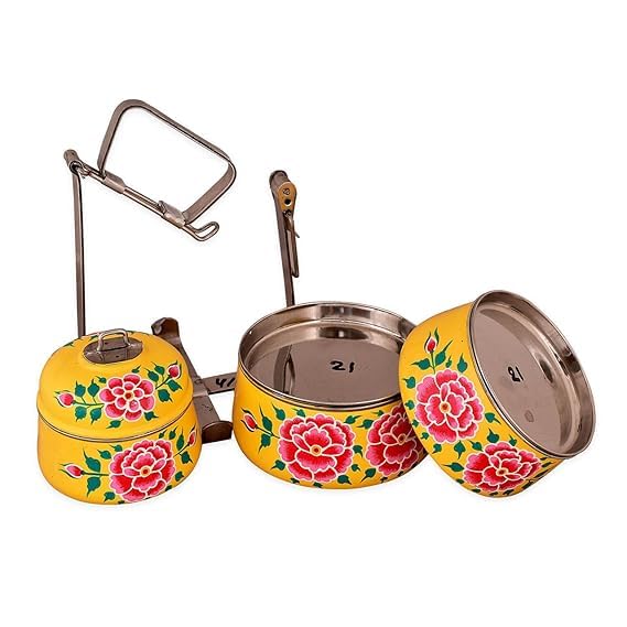Image of iHandikart Handpainted Decorative Lunch Box Tiffin | Multiple Tier Stainless Steel Food Box | Designer Indian Print Tiffin for School | Diwali Gift, Navratri Gift (Color - Multicolor)