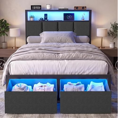 Twin Bed Frame with Storage Drawers, Charging Station and LED Lights, Upholstered Headboard with 2-Tier Shelves, Heavy Duty Metal Slats, No Box Spring Needed, Noise Free, Easy Assembly