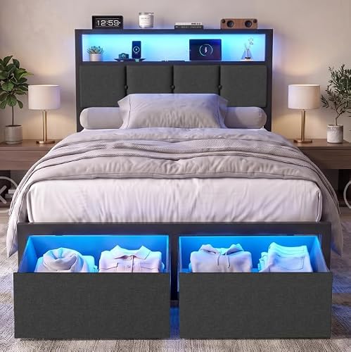 Petkulo Twin Bed Frame with Storage Drawers, Charging Station and LED Lights, Upholstered Headboard with 2-Tier Shelves, Heavy Duty Metal Slats, No Box Spring Needed, Noise Free, Easy Assembly
