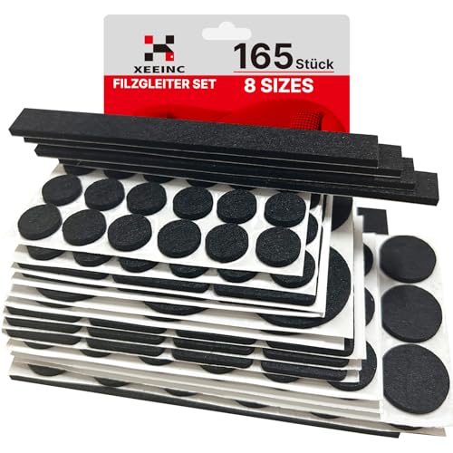 XEEINC Filzgleiter Selbstklebend 165 Stück - Filzgleiter für Stühle mit 8 Größen - 3mm Dicke Möbelgleiter Filz selbstklebend für Stühle Bodenschutz - mit Idealer Klebkraft - Schwarz
