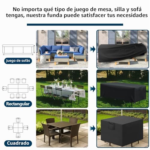Miniatura 6 de Aujink Funda Mesa Exterior Impermeable, Cubierta Tela Oxford 420d Anti Viento Anti Uv, Negro, 242x162x100cm