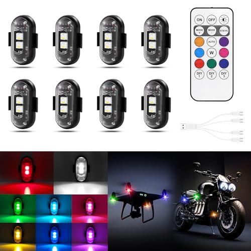 Wireless LED Lights for Car 8PCS with Remote Control Wireless LED Strobe Lights 8 Colors USB Charge IP65 Waterproof Anti-Collision for Car Motorcycle Drone RC Aircraft Bike Black
