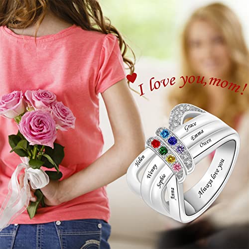 Seecoco Sterling Silver Personalized Mother Rings With 1-8 Simulated Birthstones For Woman Engraved Name Ring Custom Family Ring For Mom, Grandmother In Mother Days, Birthday, Christmas (Color 7) #TOP4