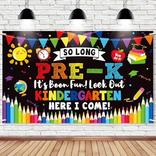PRE-K Graduation Decorations 2026,Preschool Graduation Banner Decorations,So Long Pre-k Its Been Fun Look Out Kindergarten Here I Come Photo Backdrop for Kids Home School Classroom Party Supplies PKB