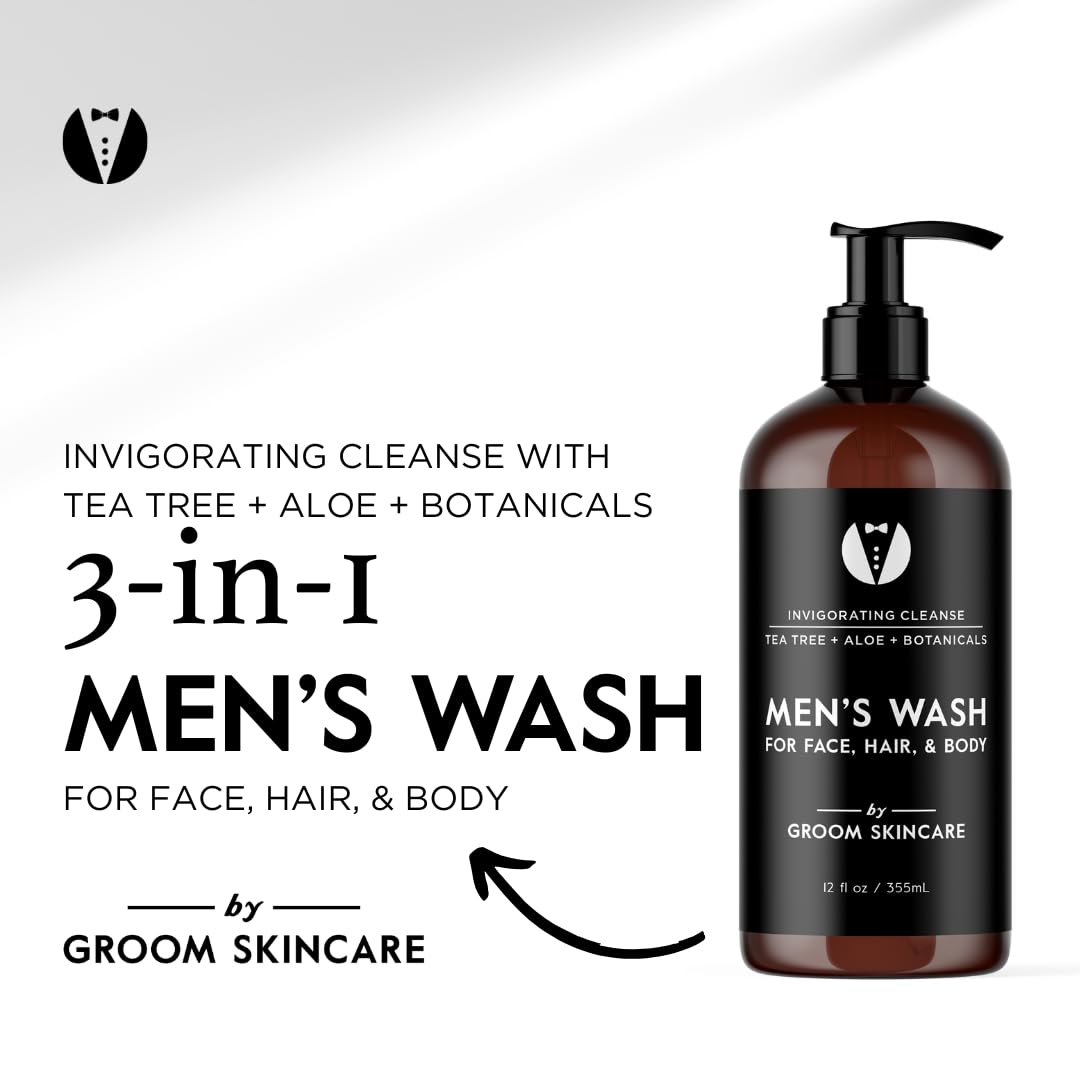 GROOM Men's Skincare & Shower Bundle | Includes 3-in-1 Wash, Face Scrub, After Shave Toner & Beard Oil