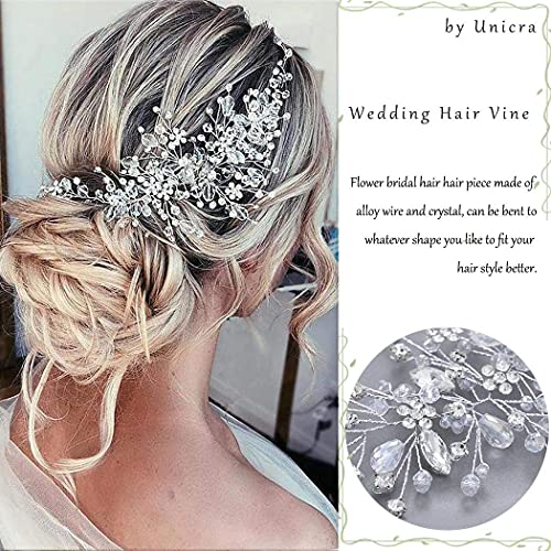 Unicra Bride Flower Wedding Hair Vine Crystal Bridal Hair Piece Rhinestone Party Hair Accessories Leaf Jewelry Bead Headpiece for Women and Girls (Silver) - Thumbnail 3