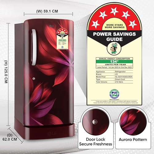 Image of LG 210 L, 5 Star, Direct Cool, Smart Inverter Compressor, Single Door Refrigerator (2025 Model, GL-D231ASAU, Scarlet Aurora, Moist 'N' Fresh, Base stand with Drawer & Fast Ice Making)