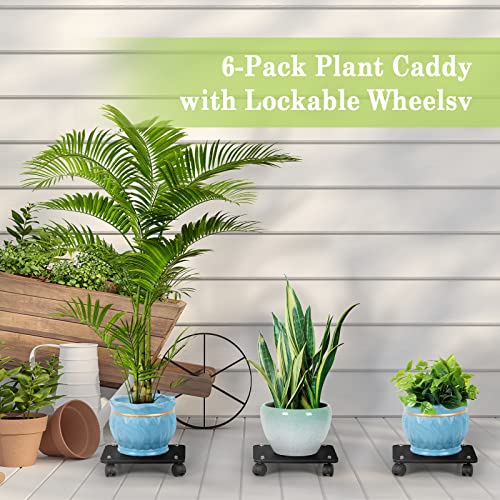 6 Pack Plant Stand With Wheels 11.8’’ Bamboo Rolling Plant Stands Square Plant Caddy Base With Lockable Caster, Black Potted Planter Dolly For Heavy Duty Flower Pots Outdoor Indoor Garden Patio #TOP5