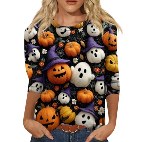 Cute Funny Halloween Shirts for Women Plus Size 3/4 Length Long Sleeve Womens Tops Witch Gothic Renaissance Shirt