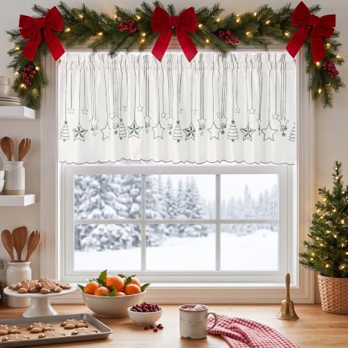 NICETOWN Green Star Christmas Embroidered Rustic Valance, 52Wx18L, 1PC