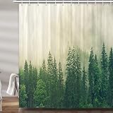 Green Misty Forest Shower Curtain Mountain Dark Green Nature Misty Pine Tree Shower Curtains for Bathroom Foggy Rustic Woodland Decorative Waterproof Fabric Bath Curtain Decor 72×72 Inches, Multi1