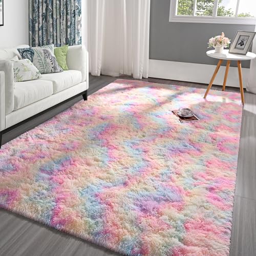 Pettop Plush Carpets Tie-Dye Rugs, 4x6 Feet Fluffy Rug for Living Room Bedroom Girls Boys Kids Room, Fluzzy Plush Rug for Nursery Playroom Dorm Teen Room Decor, Non-Slip Rectangular, Rainbow