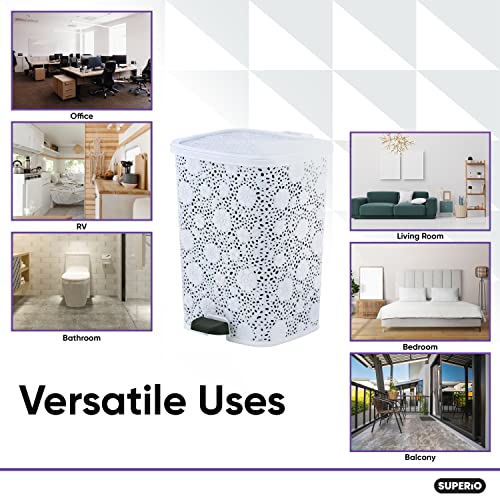 Compact Plastic Step-On Trash Can, Indoor And Outdoor Waste Bin With Foot Pedal, White Decorative Garbage Bin With Lace Design, 6 Qt Small Trash Can For Kitchen, Bathroom, Bedroom, Patio, Yard #TOP3