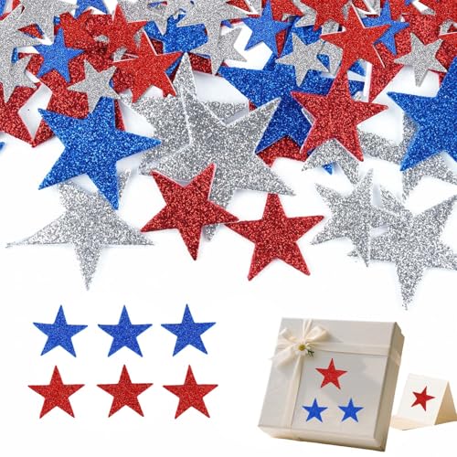 100 Pcs Patriotic Glitter Foam Star Stickers, Red White Blue Stars Self-Adhesive Sticker for 4th of July Independence Day Decor DIY Accessories Greeting Cards Kids Arts Crafts Party Supplies