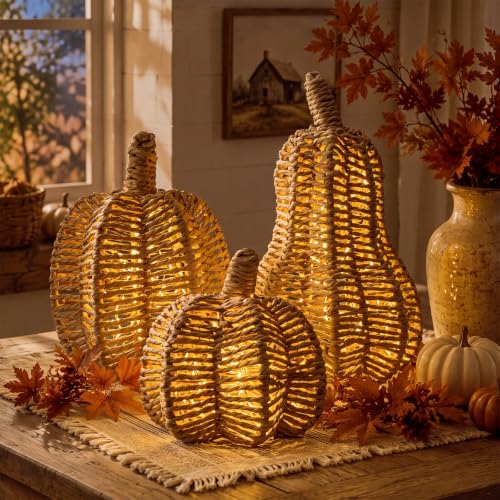 Yookeer 3 Pcs Light up Fall Wicker Pumpkin Decor Woven Pumpkins Table Decor