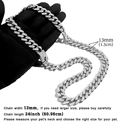 Image of Cuban Link Dog Collar Gold Silver Color Metal Dog Chain Collar Cuban Diamond Chain Pet Collars for Dogs Cats Jewelry 8 /10 /14 /16 /18 /20 /24 /28 Inch (24inch, Silver)