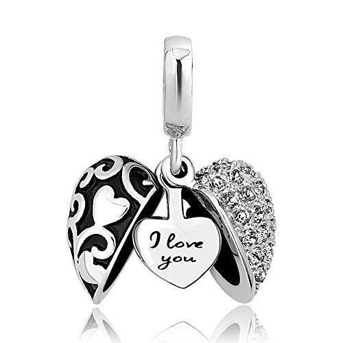Charmed Craft Heart I Love You Charms Openable Crystal Charms Dangle Beads for Snake Chain Bracelets (White-1)
