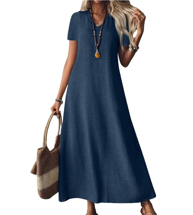 Generisch Leinenkleider für Damen 2025, V-Ausschnitt, kurzärmliges Maxikleid, lässiges, Schlichtes, langes, fließendes Sommerkleid für Strand und...