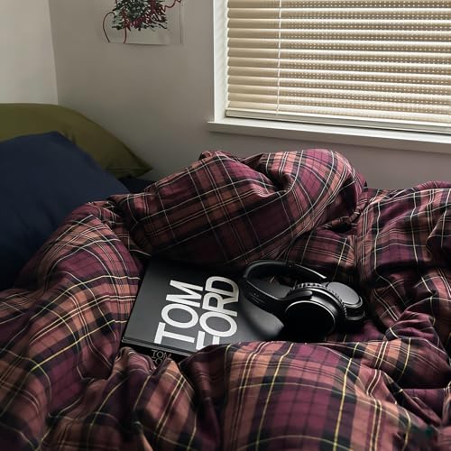 Image of MKXI Full Size Rustic Burgundy Plaid Duvet Cover Set, 3 Piece Farmhouse Bedding with Navy Check Accents, 100% Washed Cotton, Breathable Vintage Aesthetic Bed Set with Zipper Closure & Corner Ties