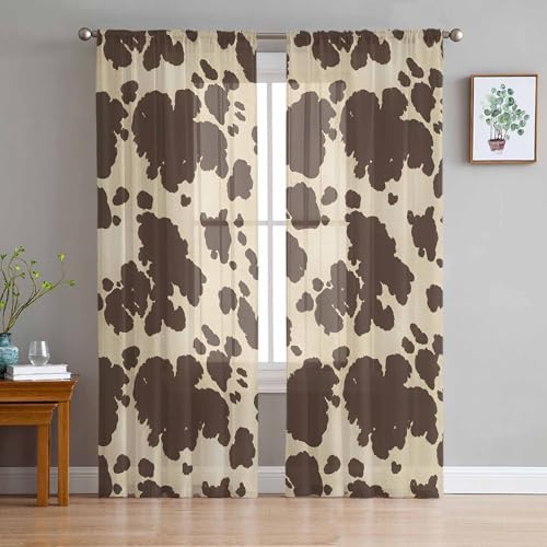 Brown Cow Prints Sheer Curtains 84 Inches Long, Farmhouse Animal