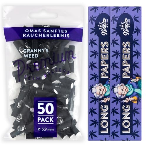 Granny's® Exclusive Slim Aktivkohlefilter 50 Stück & 2 Long Papers 36 Blatt aus Zellstoff | Ø 5.9 mm Filtertips | 108 x 45 mm organic King Size Long Papers | Kohlefilter für Selbstdreher