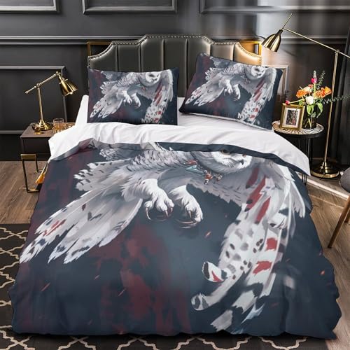 Housses de couettes respirante blanche motif chouette 3D pour lit King