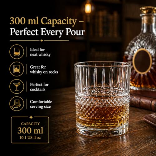 Image of PrimeWorld Signature Crystal Whiskey Glasses Set of 6 pcs- 300 ml Bar Glass for Drinking Bourbon, Whisky, Scotch, Cocktails, Cognac- Old Fashioned Cocktail Tumblers