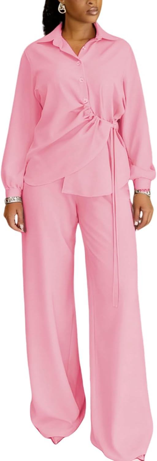Elainone Pants Sets Women 2 Piece Outfits Long Sleeve Button Down Drawstring Shirt and Wide Leg Pants Matching Set