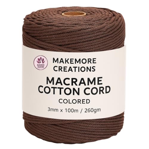 Makemore Creations Macrame Cotton Cord - Colored 3mm Dori,100m Length Soft Cotton Rope for Wall Hanging, Plant Hanger, Macrame Coasters, Weaving, Dream Catchers & DIY Craft Projects (Dark Brown)