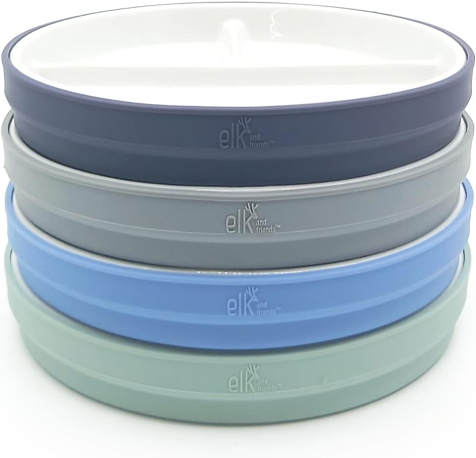 Elk and Friends Kids Porcelain White Plates with Silicone Sleeves | Divided Plates | Suitable for Kids/Toddlers | Microwave & Dishwasher Safe | Non Slip | Snack Dishes