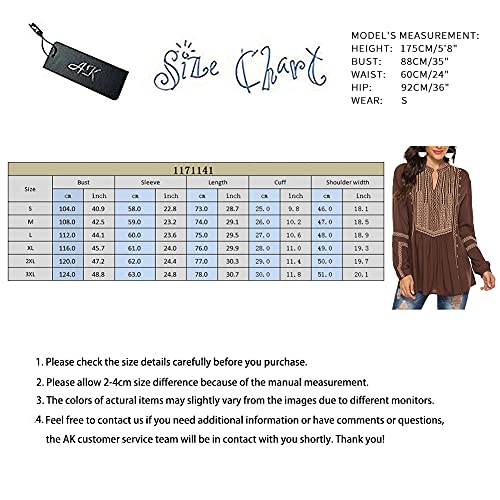 Ak Women's Embroidered Tops Mexican Shirt V Neck Summer Casual Tops Peasant Tunic Loose Blouse (As1, Alpha, M, Regular, Regular, 141-Brown) #TOP3