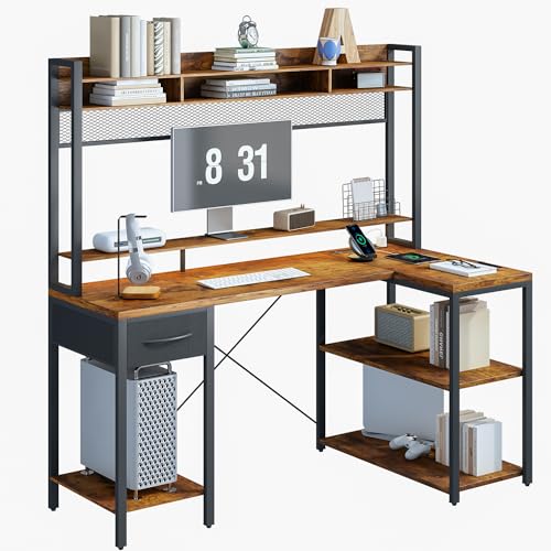 TOARTi 47\" L Shaped Computer Desk with LED Lights, Gaming Corner Desk with Hutch, Computer Desk with Long Monitor Shelf for Home Office, Vintage Brown