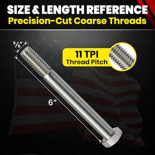 Image of Chenango Supply 5 /8-11 x 6 Stainless Steel Hex Head Bolts | 304 Stainless, USS Coarse Thread, 100,000-125,000 PSI Tensile Strength, Corrosion-Resistant Hardware Bolts, (10 Pieces)