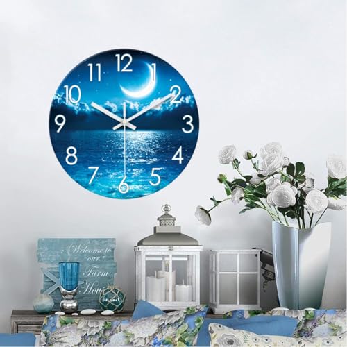 Image of XFM 16 Inch Large Modern Moon Ocean Wall Clocks Battery Operated | Silent Non Ticking Blue Round Analog Modern Nature Decorative for Living Room Kitchen Office Decor
