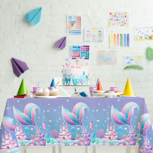 Image of Gatherfun Mermaid Party Supplies Set: 2-Pack Rectangular Plastic Tablecloths, 54 x 108 Inches, Purple (Gradient) Mermaid Pattern, Kids & Girls 1st Birthday Decorations