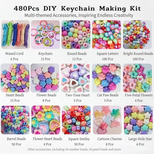 Image of Kupor 480PCS DIY Keychain Making Kit, Vibrant Beads with Storage Box, Versatile Bag Charm Supplies, Multi-Use Bead Kit for Keychains /Bag Charms /Lip Gloss Chains, Beginner-Friendly for Women & Crafters