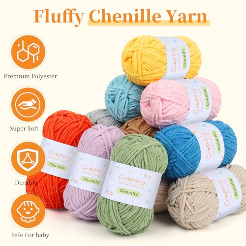 Image of Coopay Chenille Yarn for Crocheting, 8 Pack Medium Weight Yarn - CYC #4 - Total 520yd, Soft Crochet Yarns for Plush Toys, Blankets, Scarves (Black)