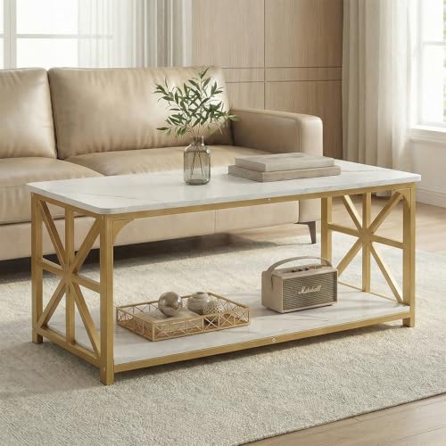 Image of GOFLAME 2-Tier Rectangular Coffee Table, Modern Center Table with Wooden Top, Metal Frame, X Shaped Side Pattern, Display Accent Tea Tables, Living Room Tables for Apartment (White & Gold)
