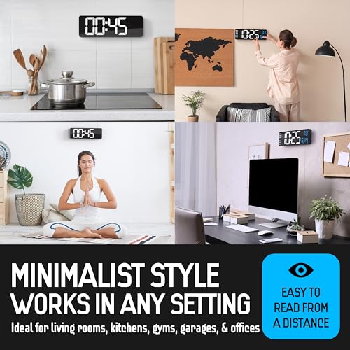 Image of Opis Clock 1 (XXL 16'' White & Blue): The Colorful Retro Rectangular Digital Wall Clock, Digital Clock Wall, Digital Clock with Temperature, Timer and Counter