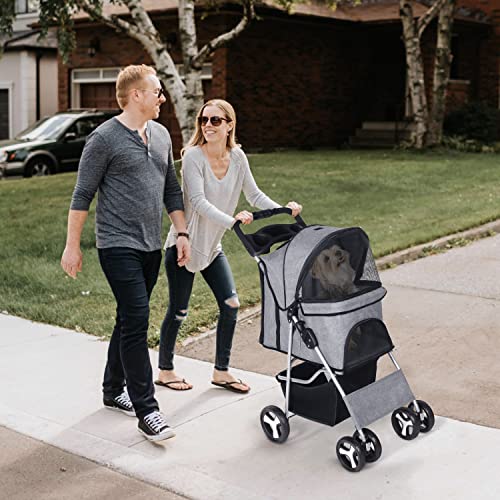 foriy Pet Stroller for Medium Small Dogs Foldable 4 Wheels Dog Strollers Lightweight Pet Travel Cat Stroller with Safety Belt Storage Basket Cup Holder for Dogs Cats Puppy 33lbs Capacity Grey