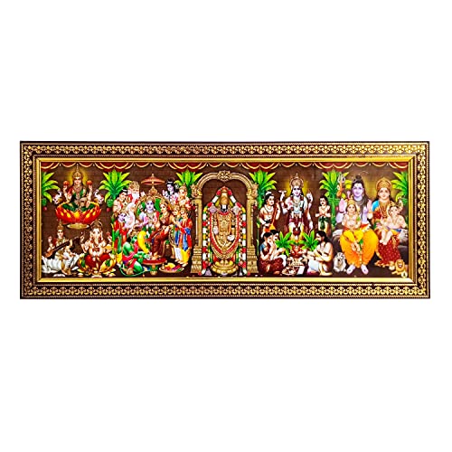 Image of Pooja Ghar Cotton 5 God in 1 Photo Frame for Pooja Ganesha-Saraswati, Ram Pattabhishekam, Lord Venkateshwara, Shiva Family and Satyanarayana (12 x 5.5 Inch)