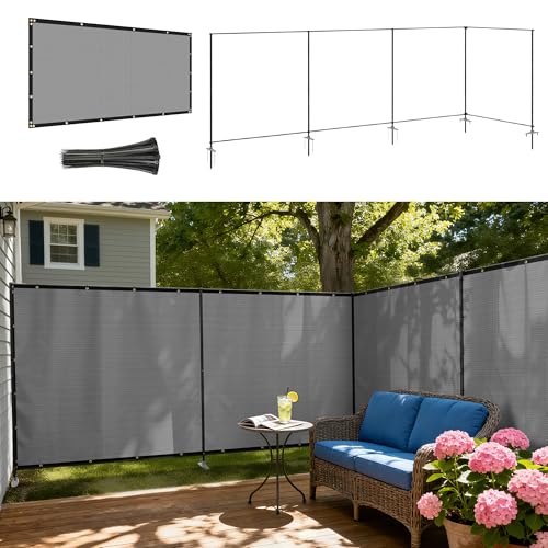 Windscreen4less Outdoor Privacy Fence Screen, 6'x24' Freestanding Privacy Fencing Set with Iron Poles and Ground Spikes, UV Resistant Mesh Cover Garden Pet Fencing for Backyard Patio Pool, Light Gray