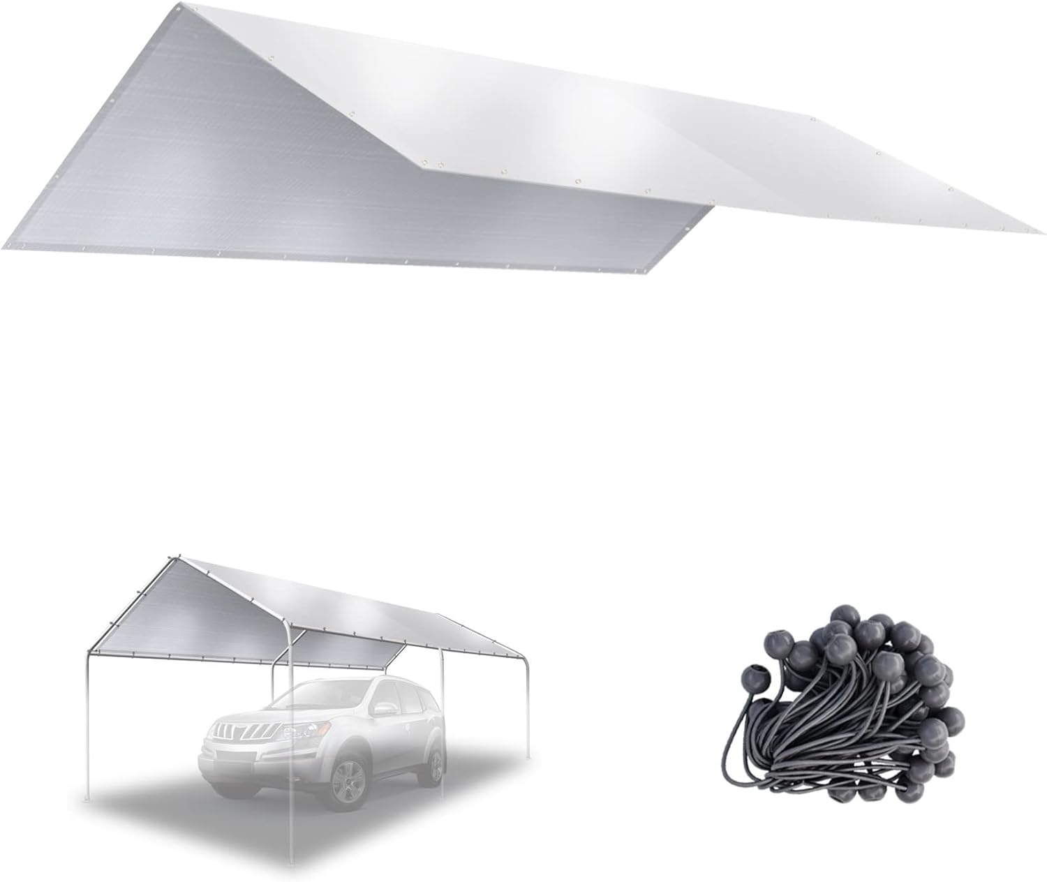 YardGrow 10'x20' Carport Replacement Canopy Cover for Tent Car Shelter Top Tarp Cover w/Bungees, Carport Canopy Top Replacement Cover ONLY (Grey)